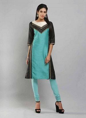 Black & Aqua Blue Boat Neck Printed kurta - wforwoman
