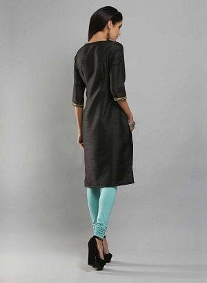 Black & Aqua Blue Boat Neck Printed kurta - wforwoman