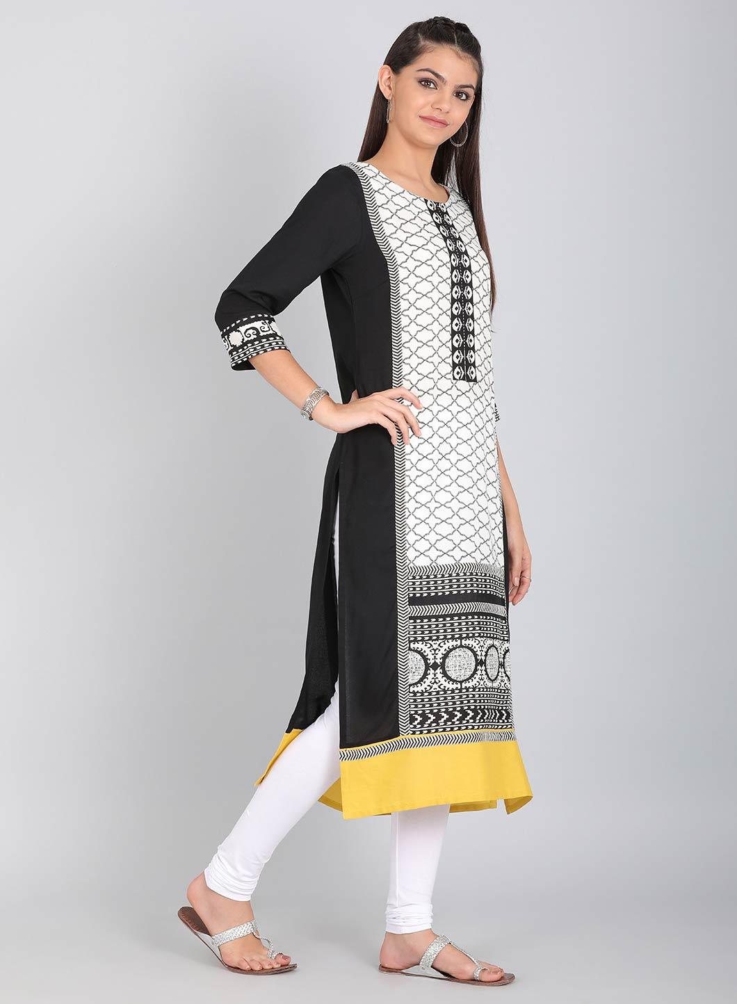 Black & White Round Neck Printed kurta - wforwoman