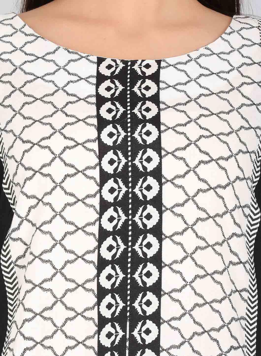 Black & White Round Neck Printed kurta - wforwoman