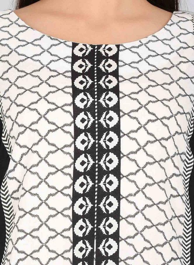 Black & White Round Neck Printed kurta - wforwoman