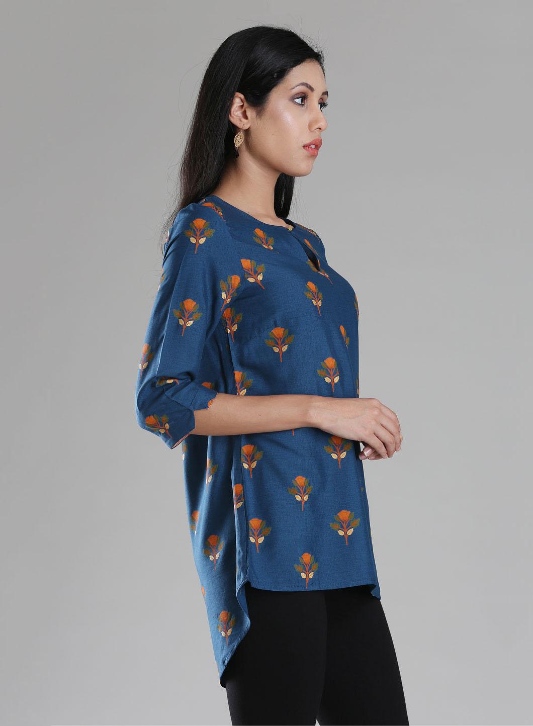 Navy Round Neck Printed Top - wforwoman