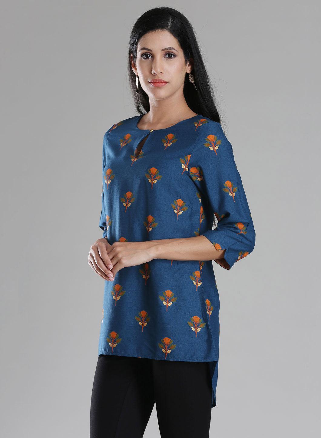 Navy Round Neck Printed Top - wforwoman