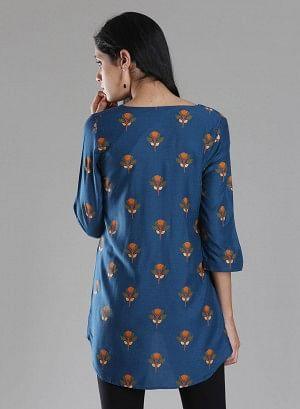 Navy Round Neck Printed Top - wforwoman