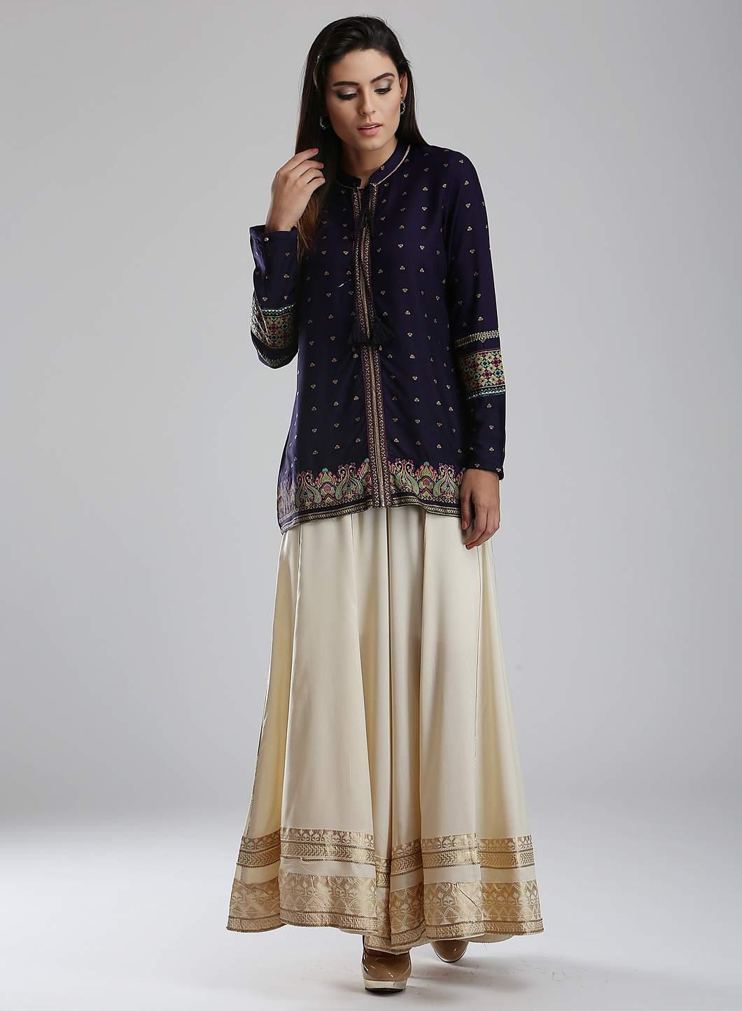 Blue Printed Mandarin Neck kurta - wforwoman