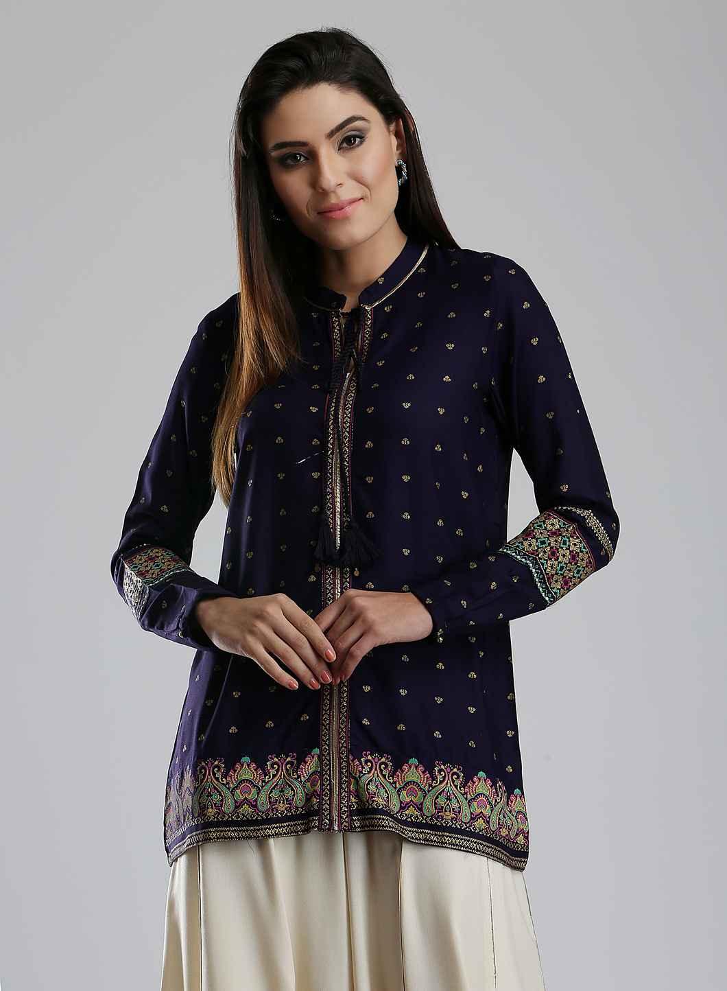 Blue Printed Mandarin Neck kurta - wforwoman