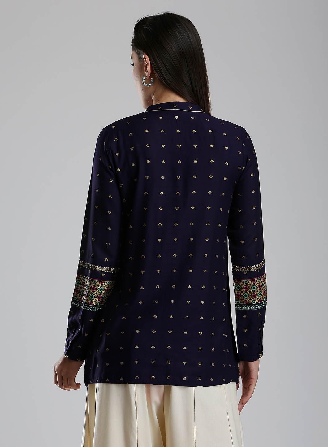 Blue Printed Mandarin Neck kurta - wforwoman