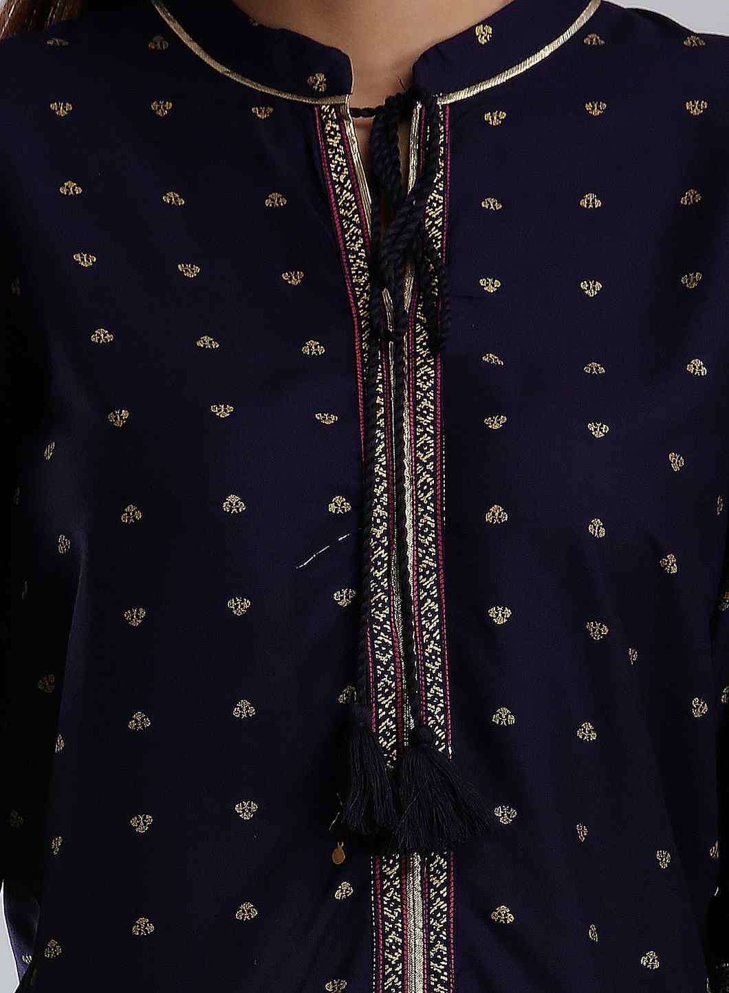 Blue Printed Mandarin Neck kurta - wforwoman