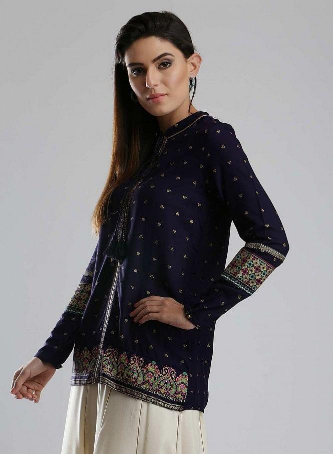 Blue Printed Mandarin Neck kurta - wforwoman