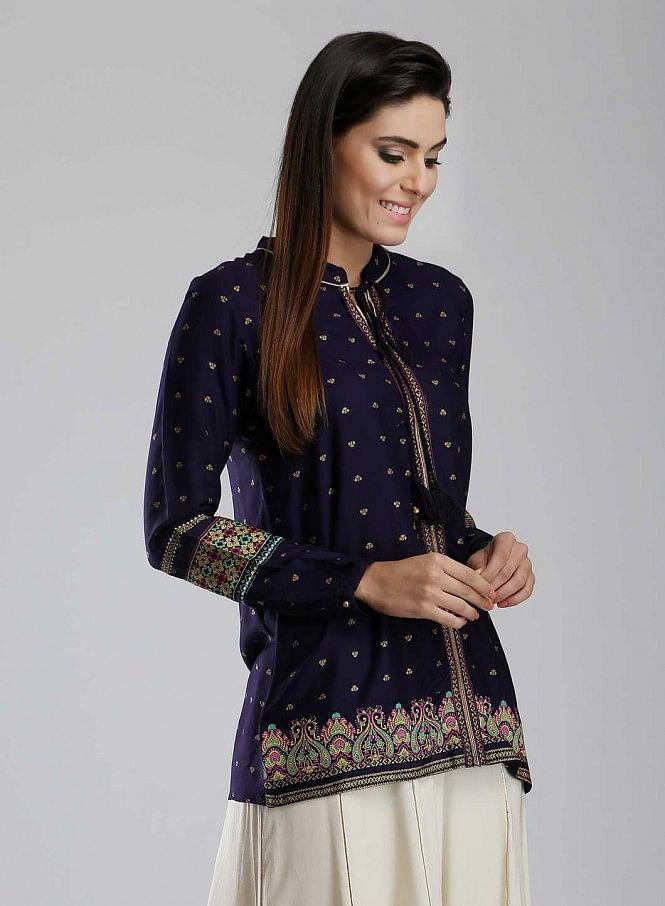 Blue Printed Mandarin Neck kurta - wforwoman
