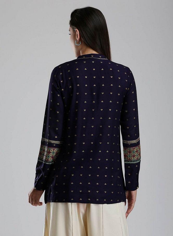 Blue Printed Mandarin Neck kurta - wforwoman