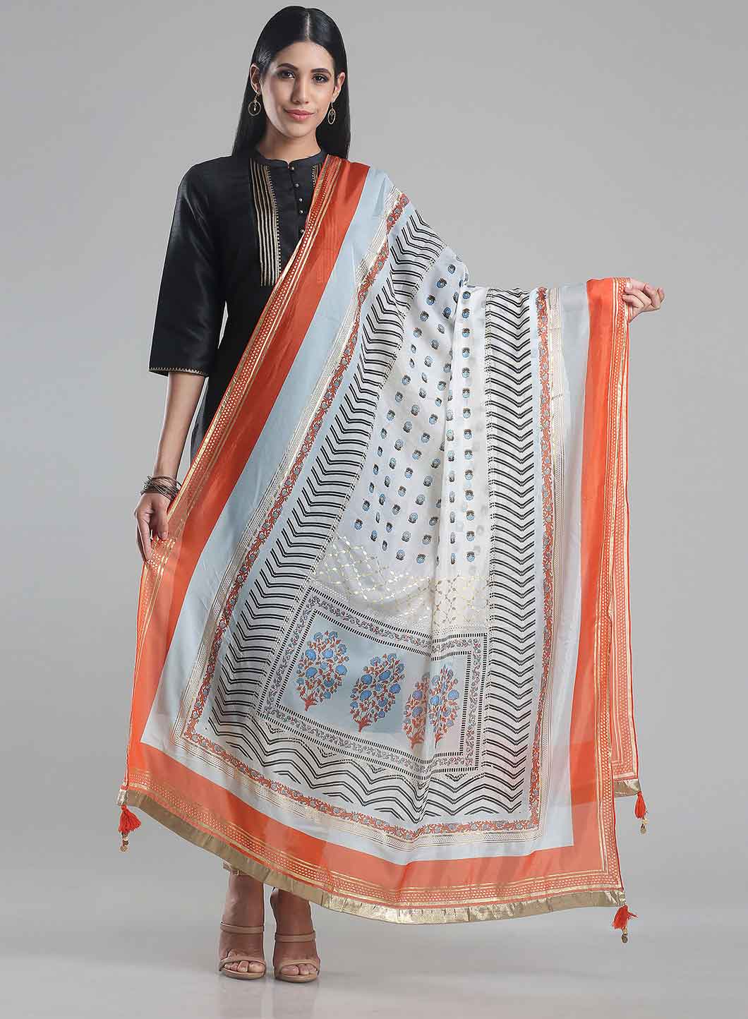 Blue & Orange Printed Dupatta