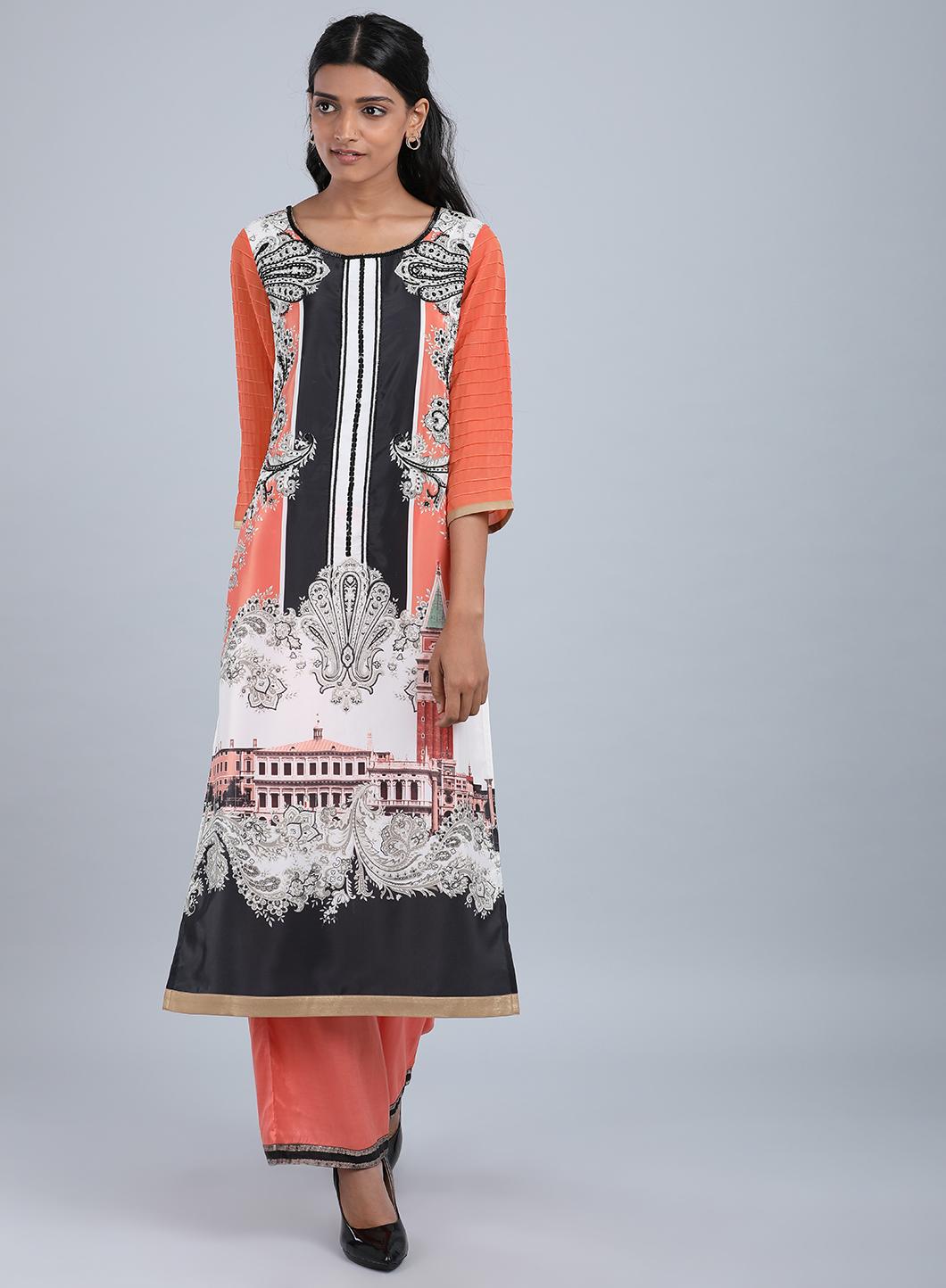 Orange Round Neck Printed kurta