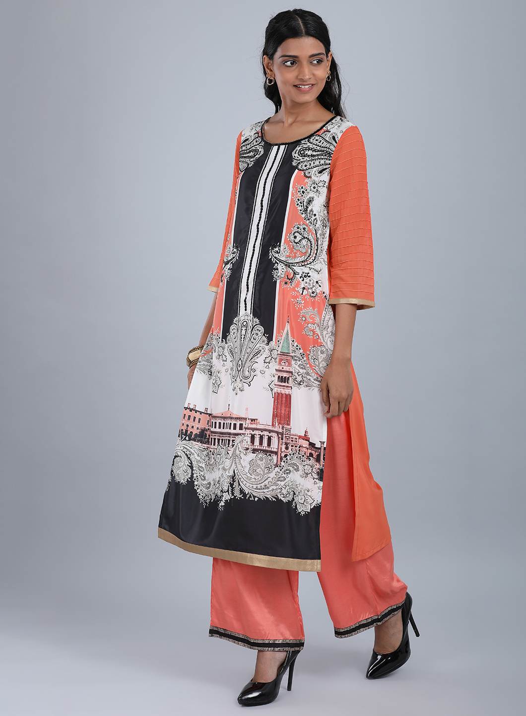 Orange Round Neck Printed kurta