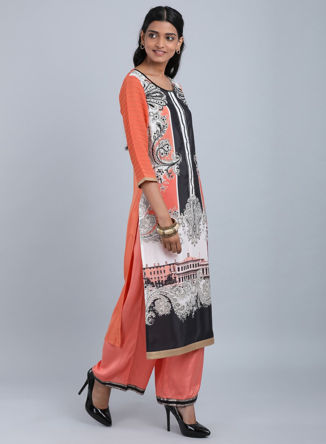 Orange Round Neck Printed kurta