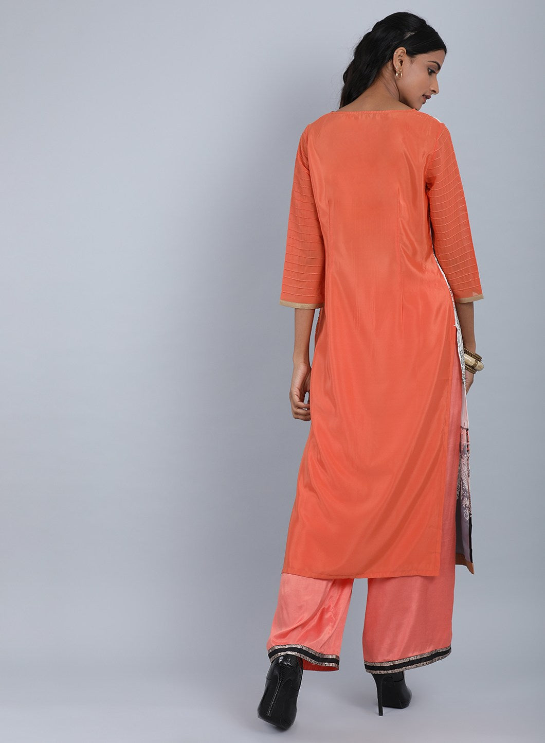 Orange Round Neck Printed kurta