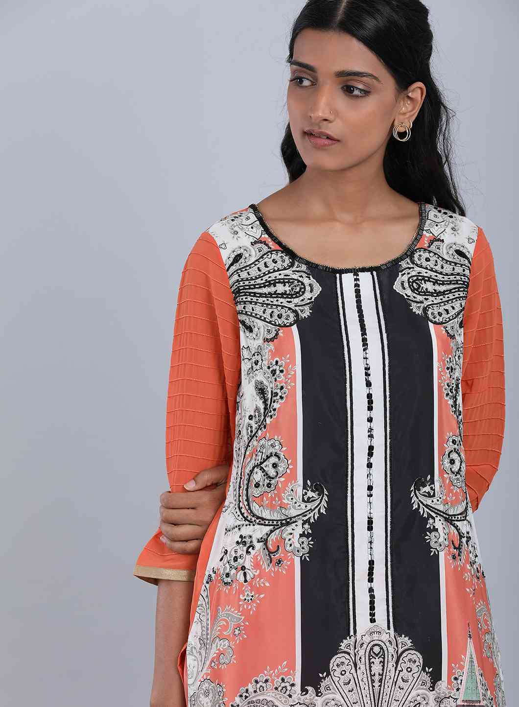 Orange Round Neck Printed kurta