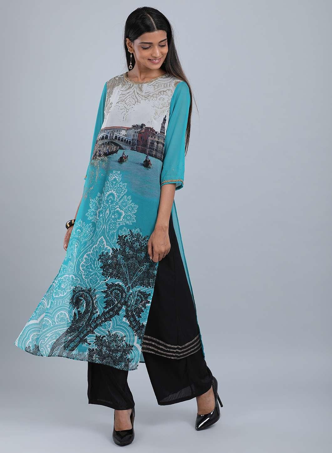 Blue Round Neck Tassel kurta - wforwoman
