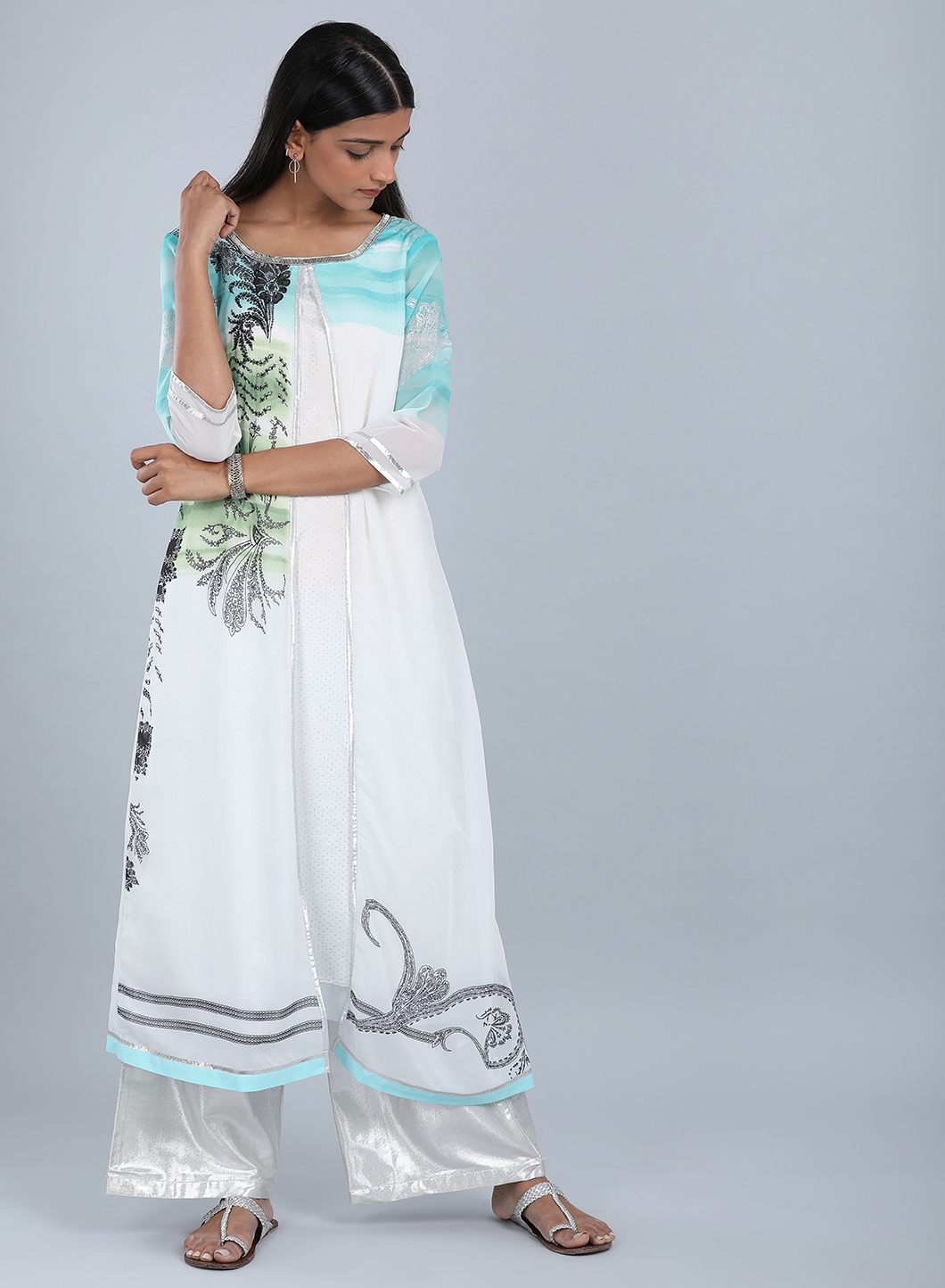 Blue & White Round Neck Printed kurta