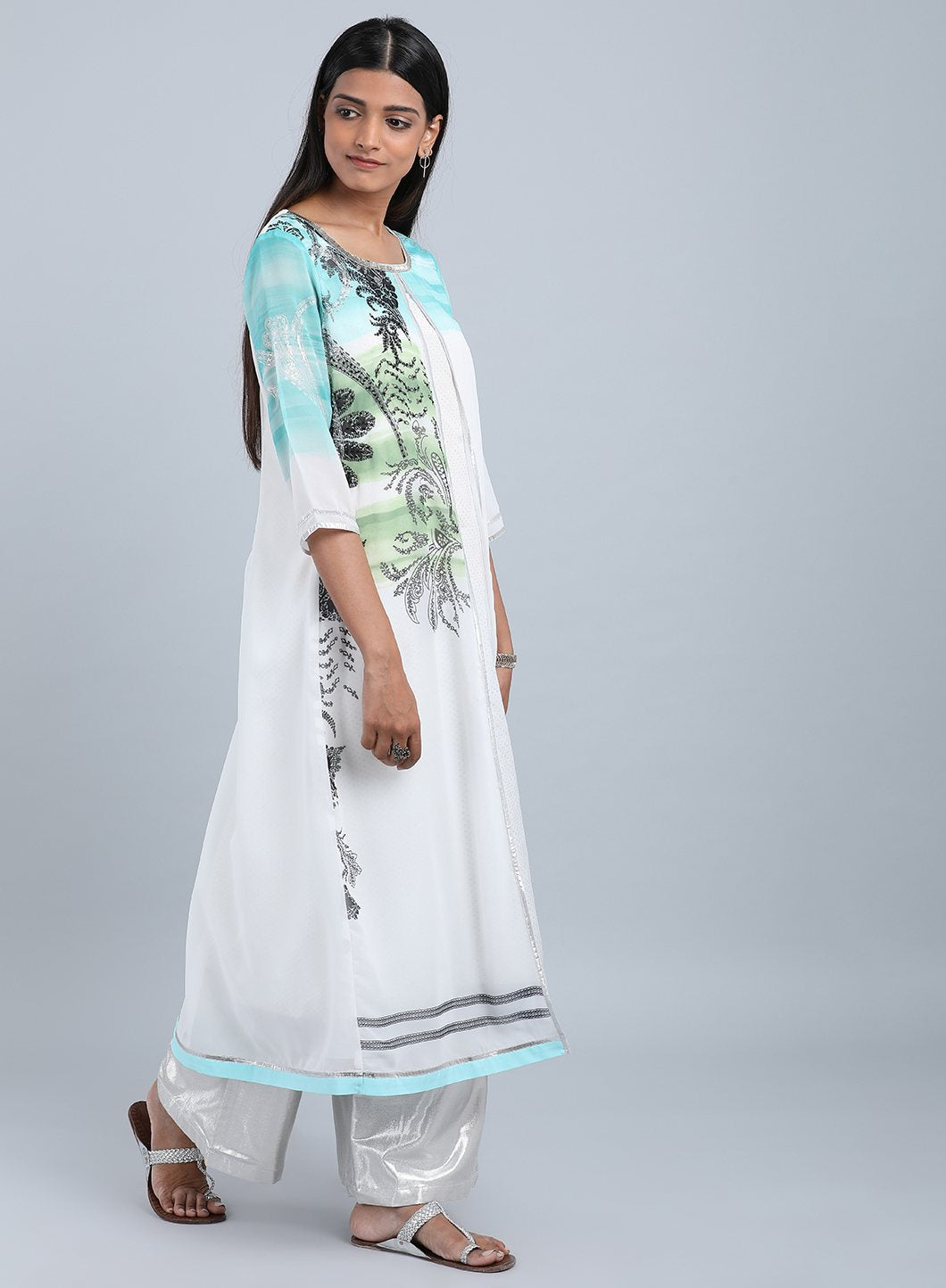 Blue & White Round Neck Printed kurta