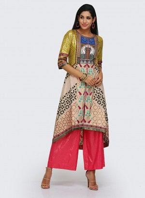 Beige & Yellow Printed kurta - wforwoman