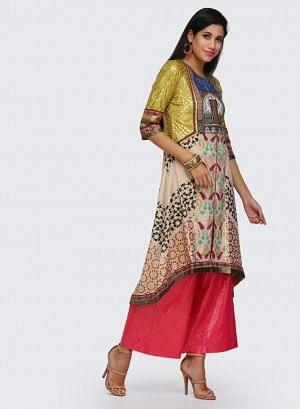 Beige & Yellow Printed kurta - wforwoman