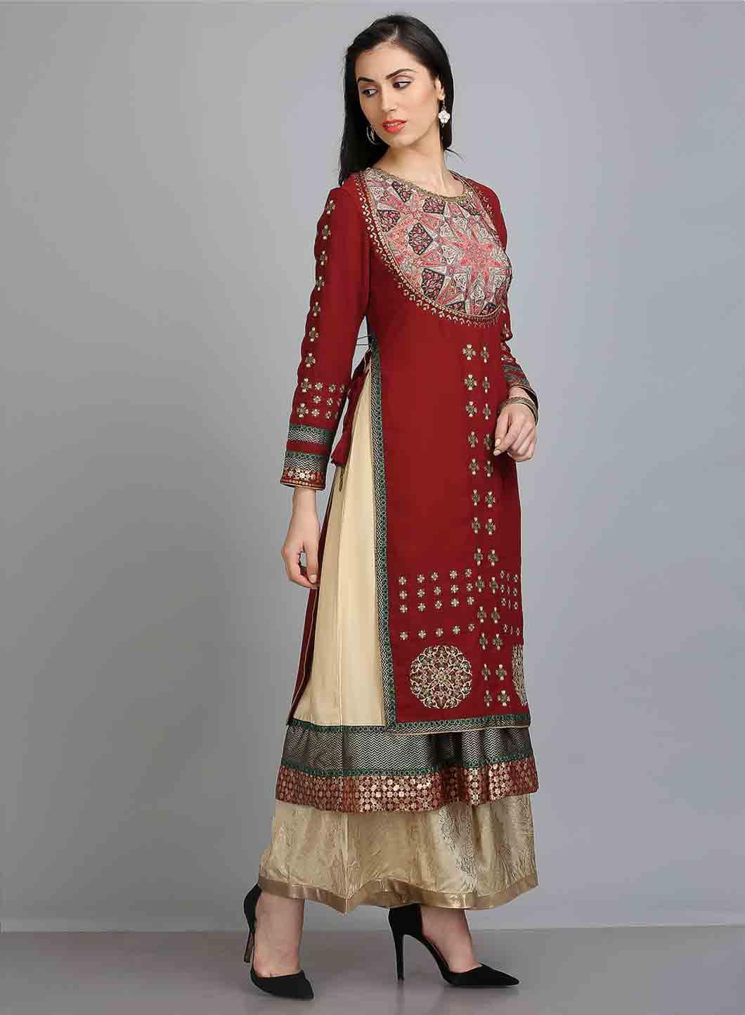 Maroon & Golden Round Neck kurta - wforwoman