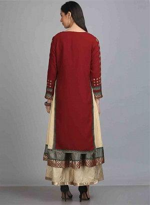 Maroon & Golden Round Neck kurta - wforwoman