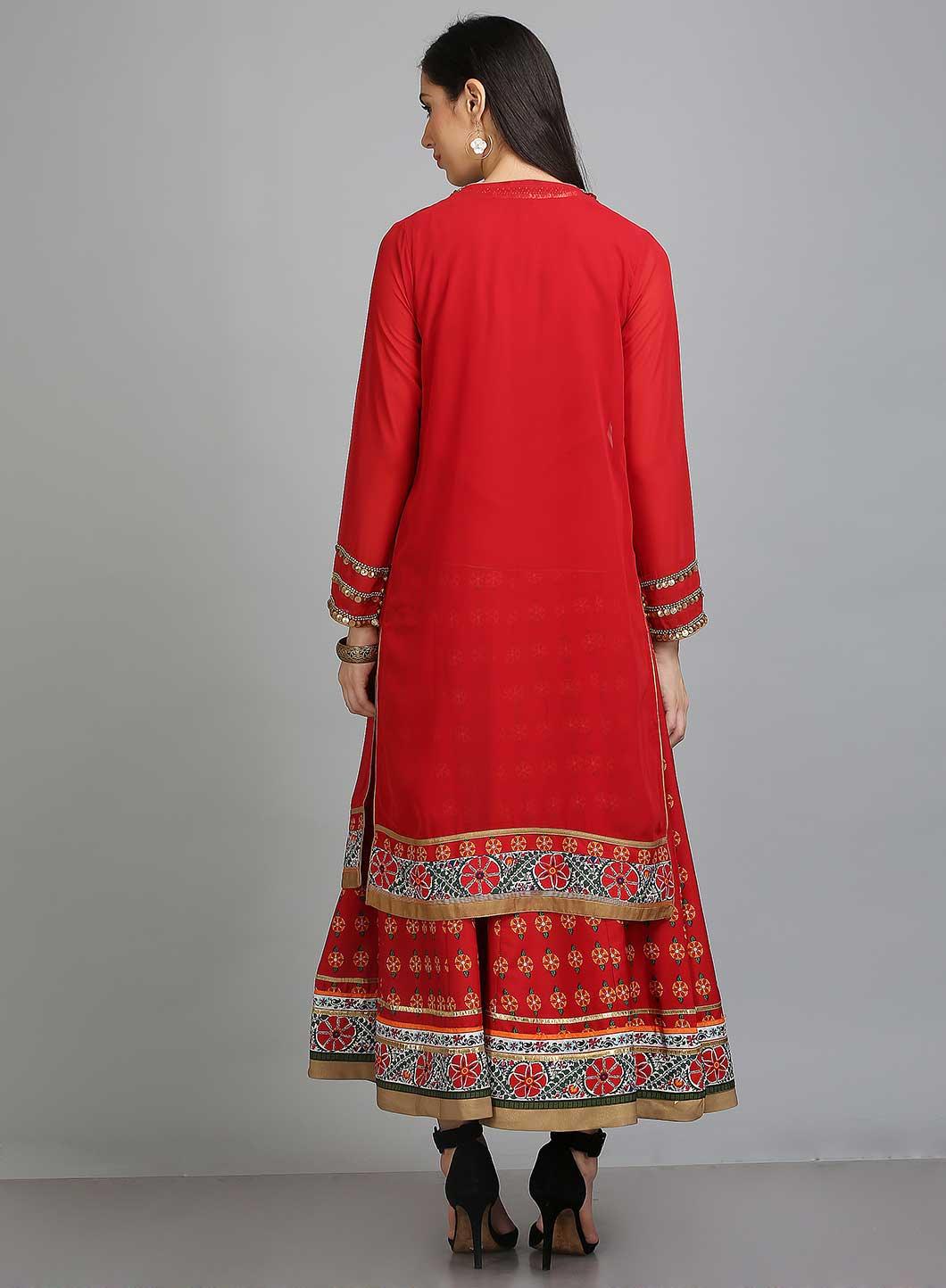 Red Printed Mandarin Neck Ethnic Set - wforwoman