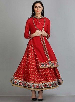 Red Printed Mandarin Neck Ethnic Set - wforwoman