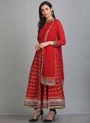 Red Printed Mandarin Neck Ethnic Set - wforwoman