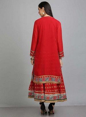 Red Printed Mandarin Neck Ethnic Set - wforwoman