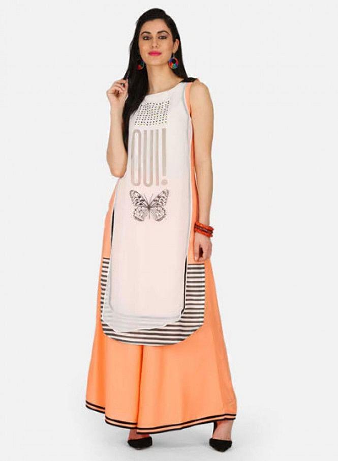 White & Orange Printed kurta - wforwoman