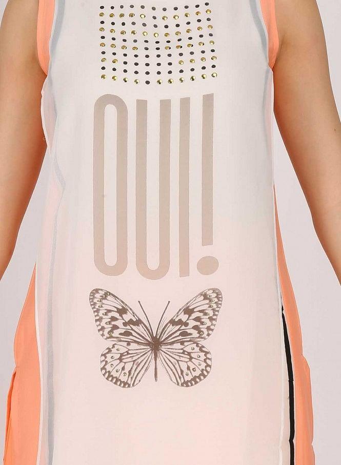 White & Orange Printed kurta - wforwoman