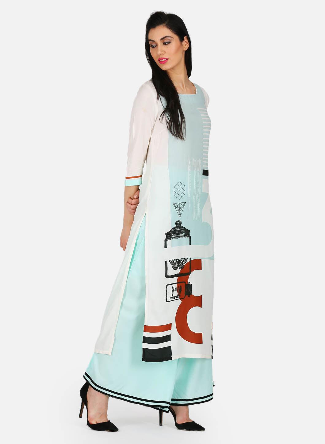 White & Blue Printed kurta - wforwoman