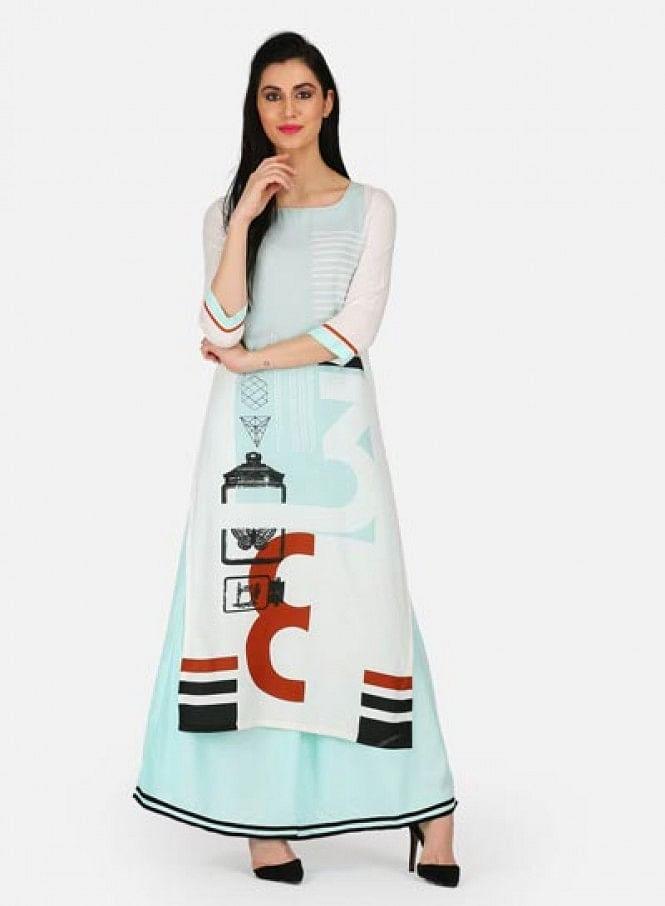 White & Blue Printed kurta - wforwoman