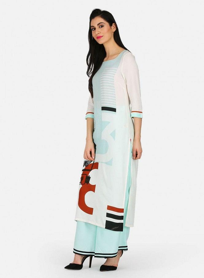 White & Blue Printed kurta - wforwoman