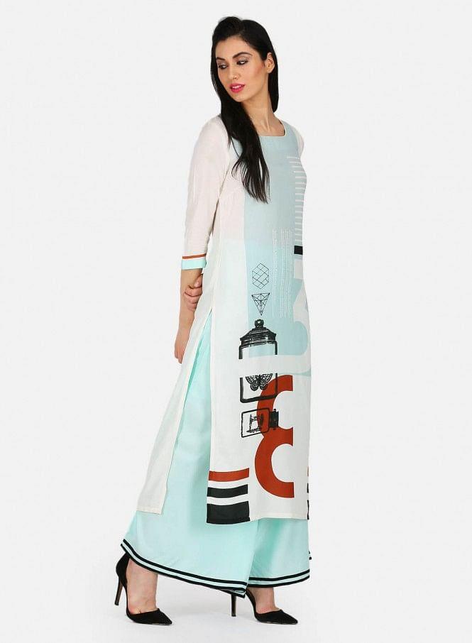 White & Blue Printed kurta - wforwoman