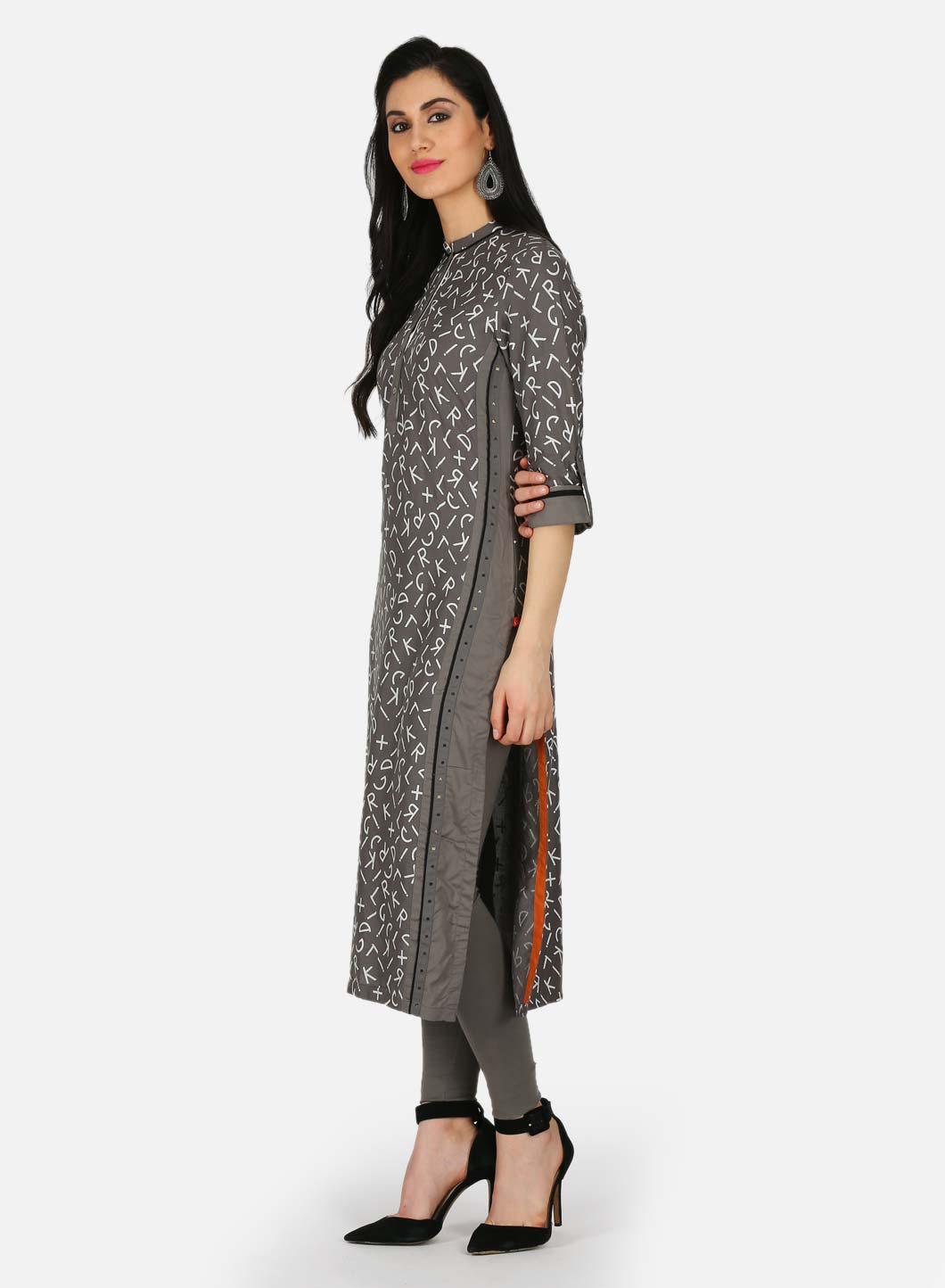 Grey Printed Mandarin Neck kurta - wforwoman