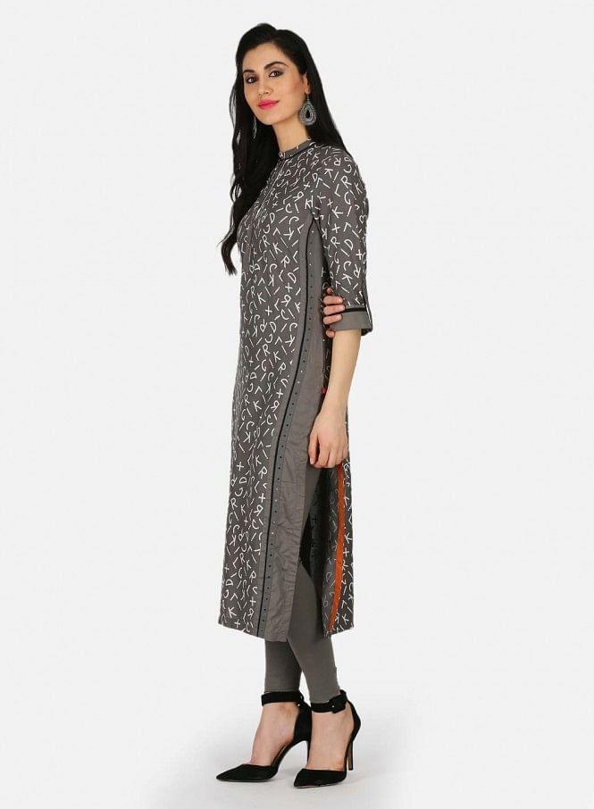 Grey Printed Mandarin Neck kurta - wforwoman