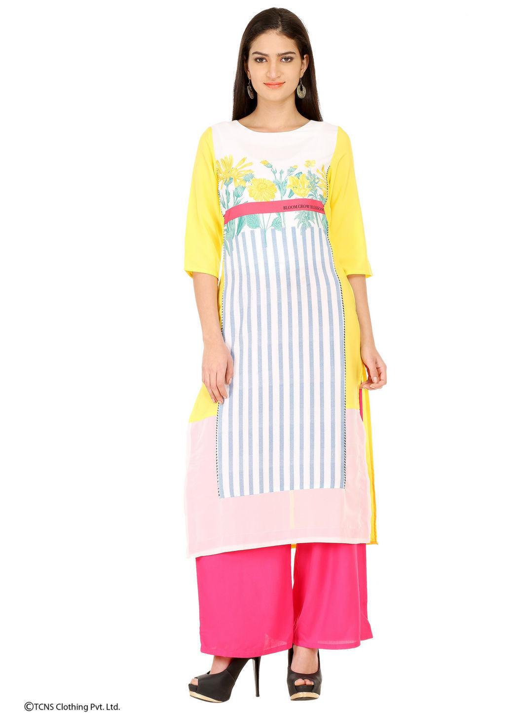 Yellow Printed 3/4 Sleeve kurta - wforwoman