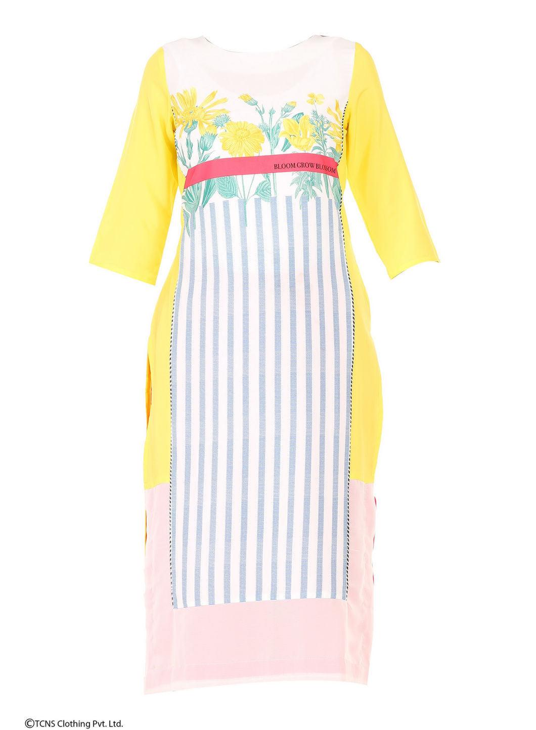 Yellow Printed 3/4 Sleeve kurta - wforwoman