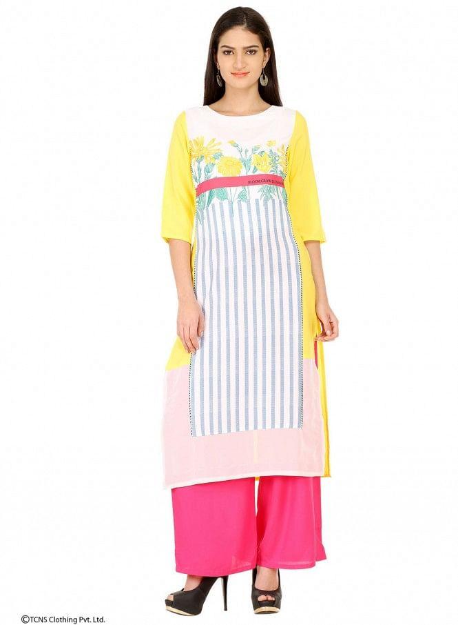 Yellow Printed 3/4 Sleeve kurta - wforwoman