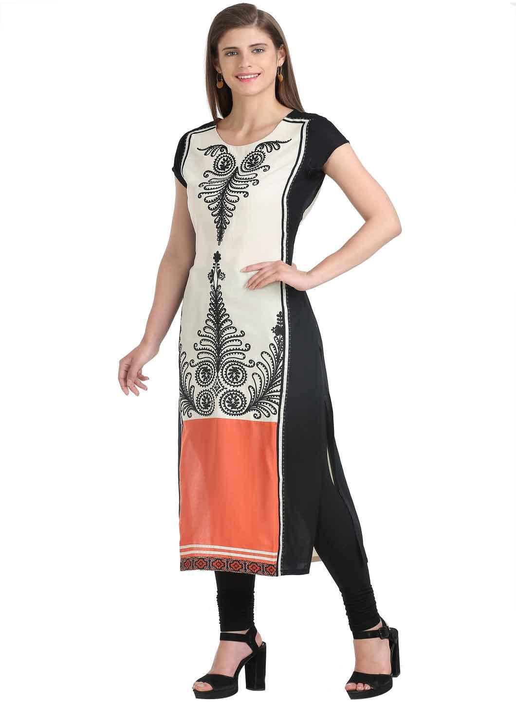 Beige & Black Printed Short Sleeve kurta - wforwoman
