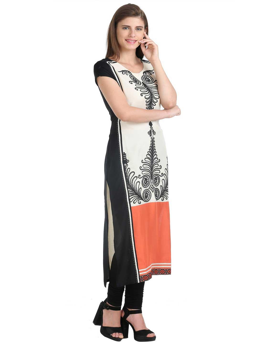 Beige & Black Printed Short Sleeve kurta - wforwoman