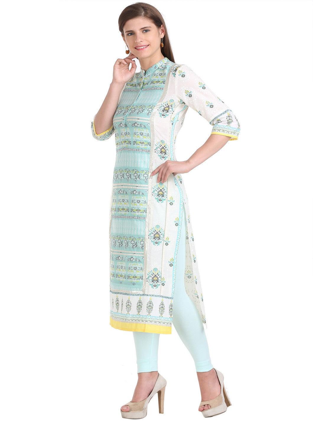 White & Blue Mandarin Neck Printed kurta - wforwoman