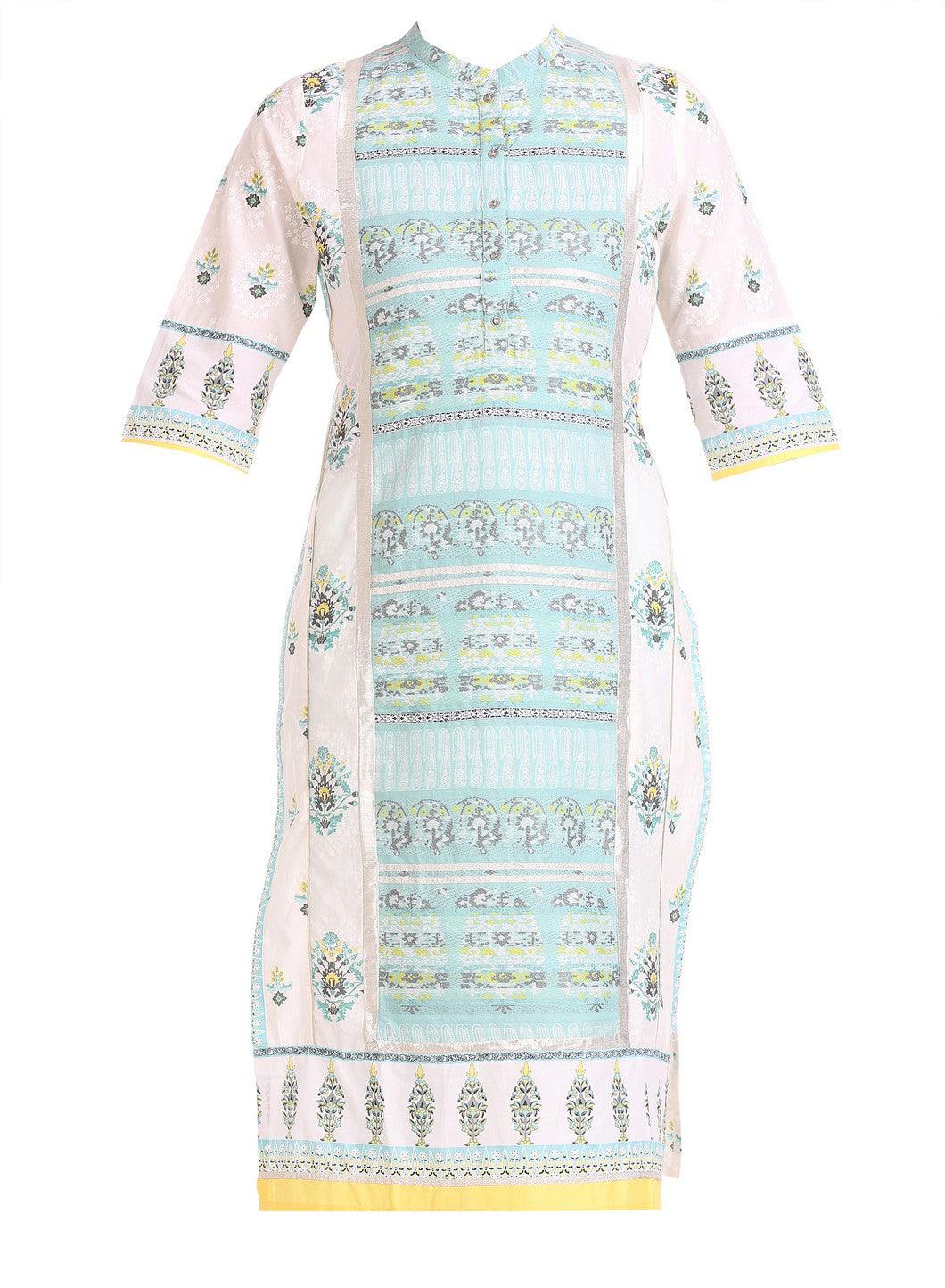 White & Blue Mandarin Neck Printed kurta - wforwoman