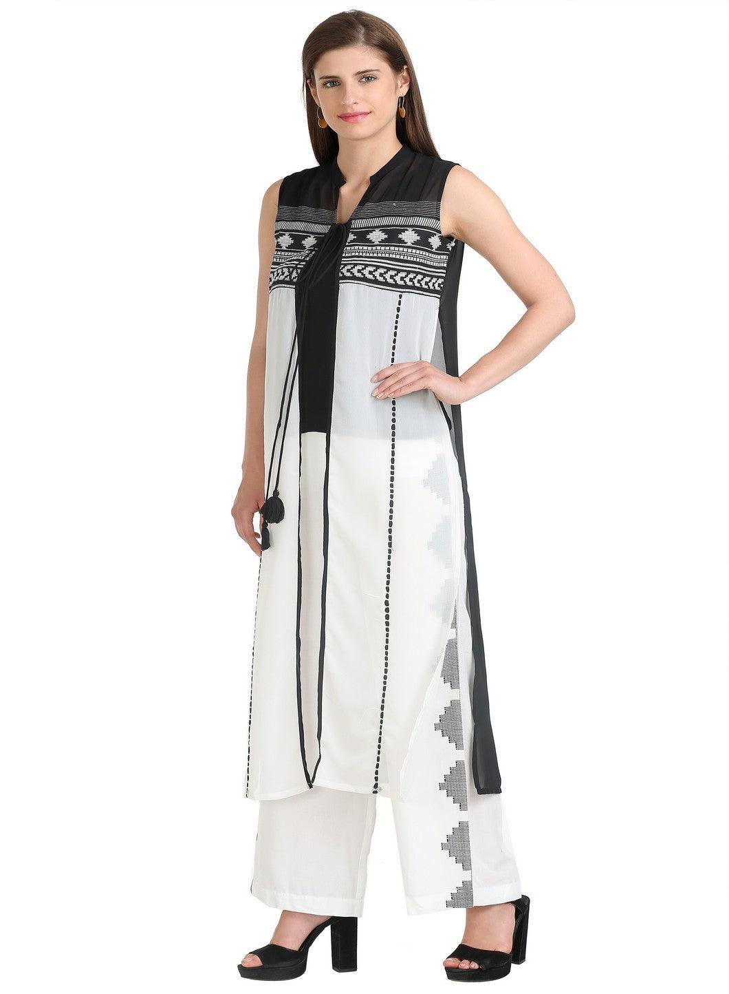 White & Black Sleeveless Printed Gillet - wforwoman