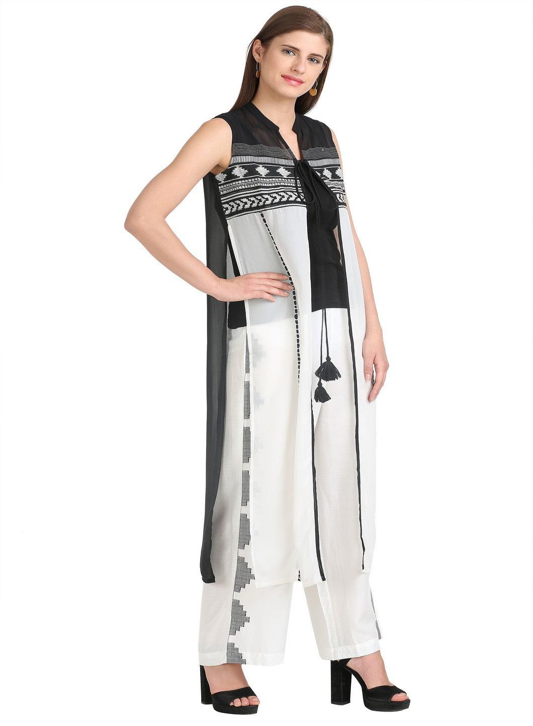 White & Black Sleeveless Printed Gillet - wforwoman