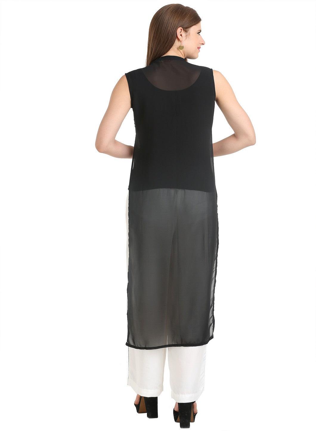 White & Black Sleeveless Printed Gillet - wforwoman